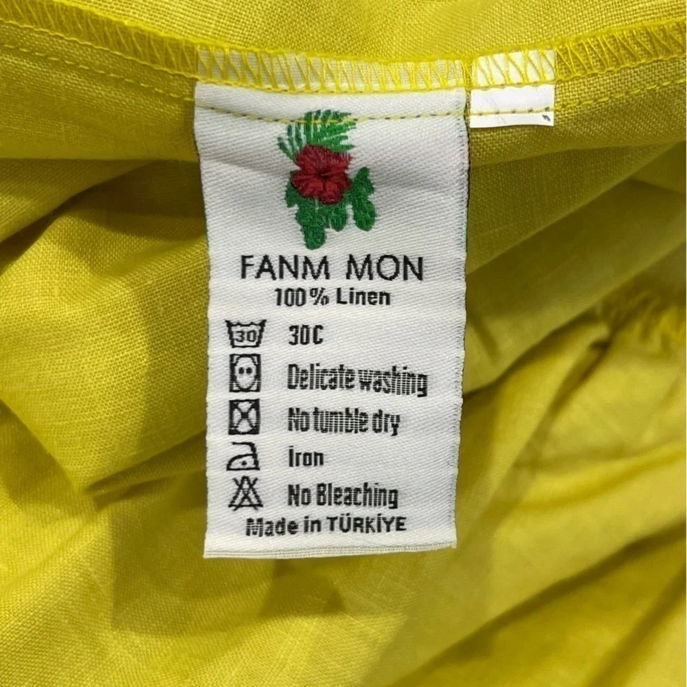 Fanm Mon Yamile 100% Linen Floral Embroidered Halter Midi Dress Mustard Lime NWT